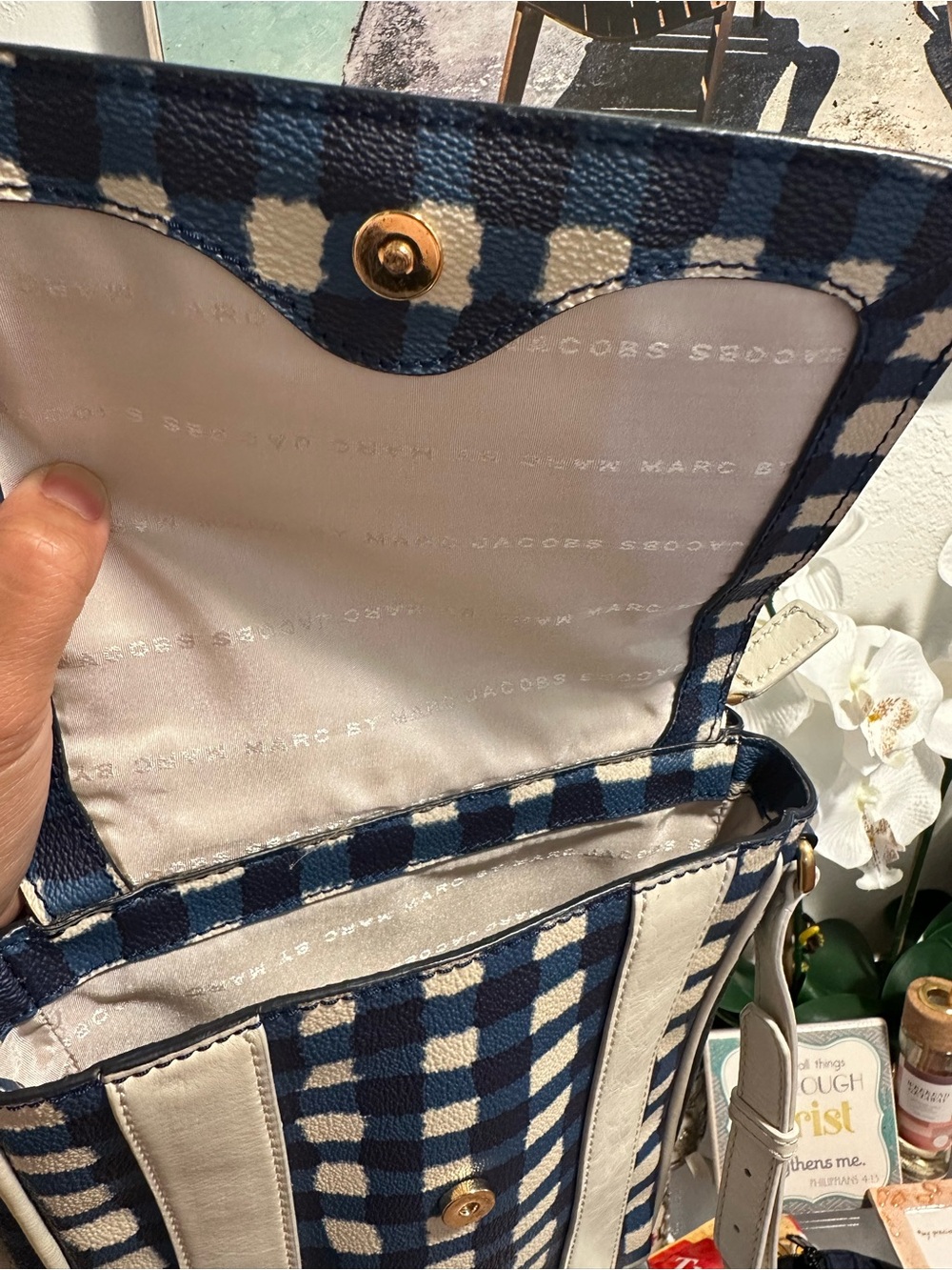 Marc by Marc Jacobs Navy & White Check Canvas Backpack Crossbody - Picture 5 of 11